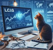 a cat, watching a computer screen with trading data displayed on it